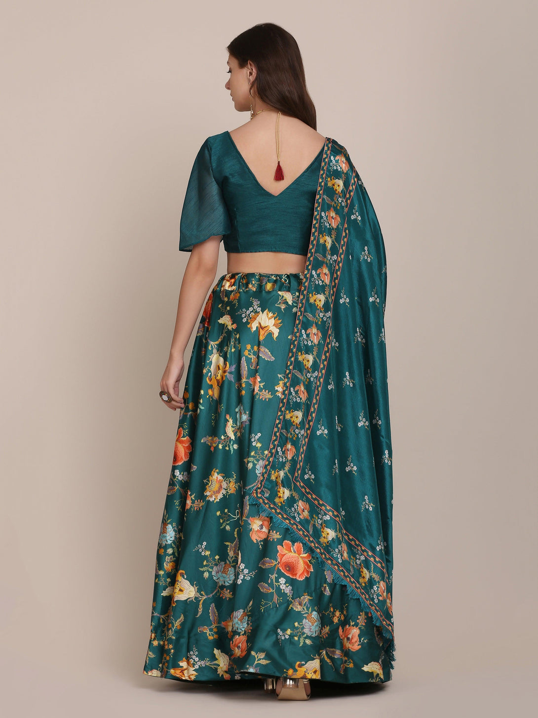 Sea Green Floral Print Banglory Silk Lehenga Choli - Indiakreations