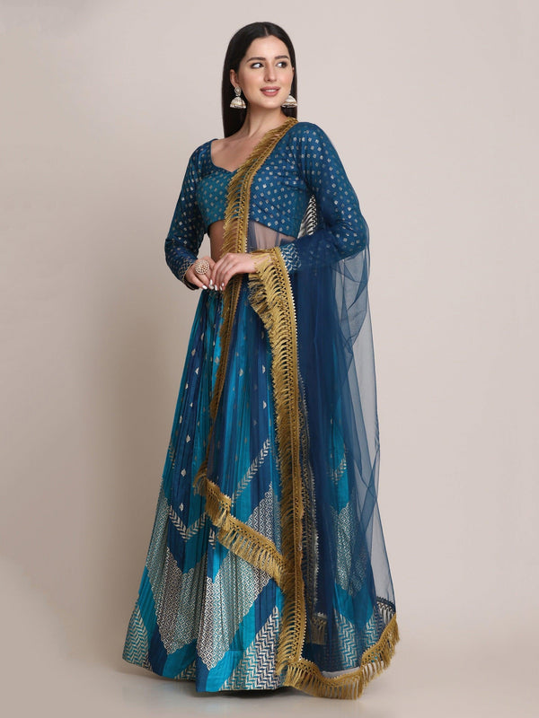 Rama Zari Silk Blend Lehenga Choli with Blue Dupatta - Indiakreations