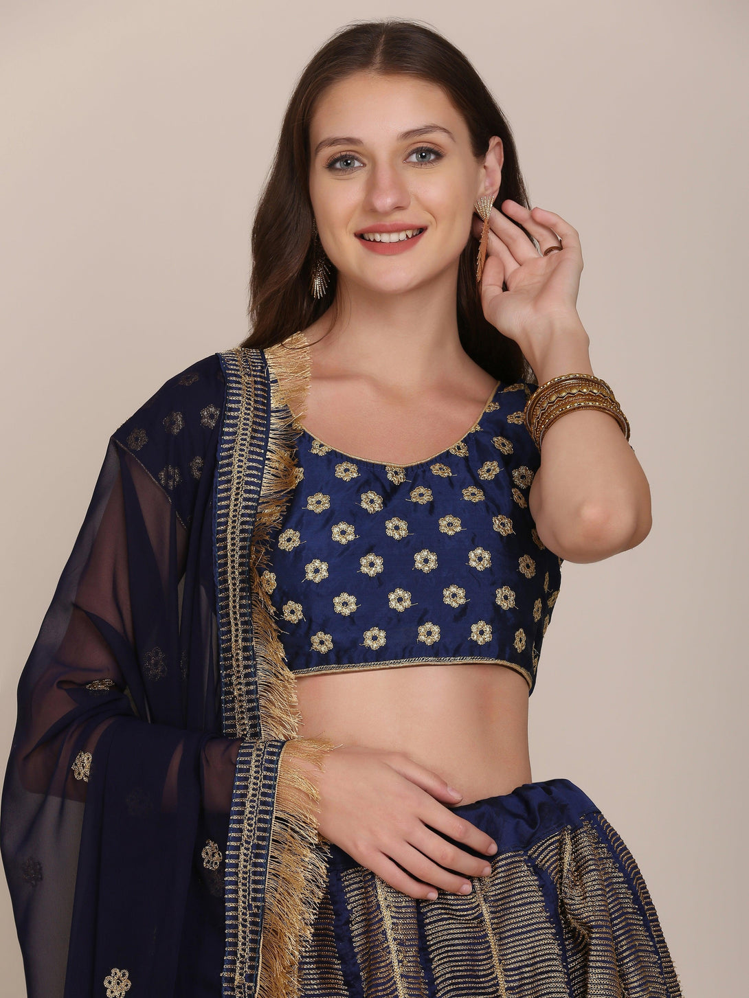 Navy Blue Morpankh Print Banglory Silk Lehenga Choli - Indiakreations