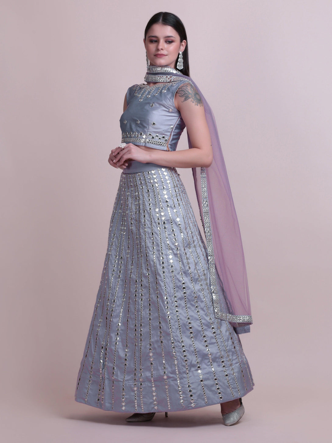 Grey Taffeta Silk Lehenga Choli with Mirror-Work - Indiakreations