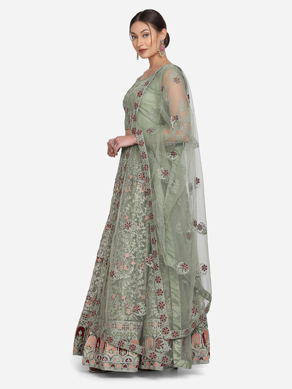 Light Green Net Lehenga Choli with Floral Embroidery - Indiakreations