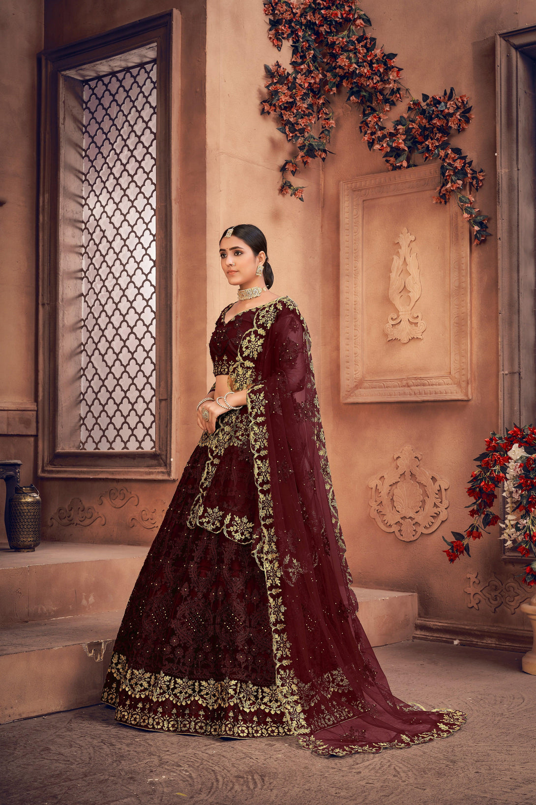 Maroon Heavy Net Lehenga Choli Semi-Stitched - Indiakreations