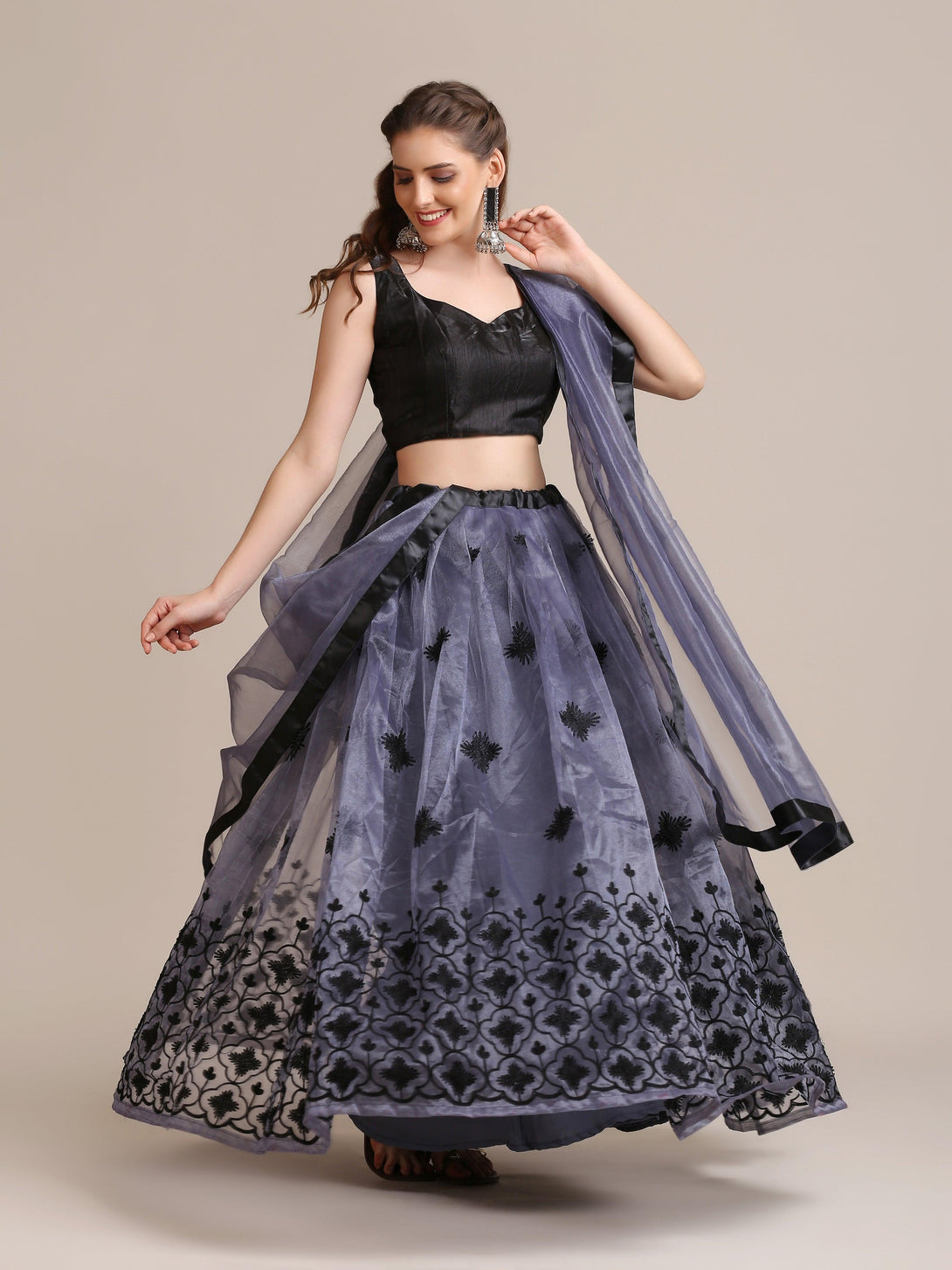 Grey Heavy Net Lehenga Choli Semi-Stitched - Indiakreations