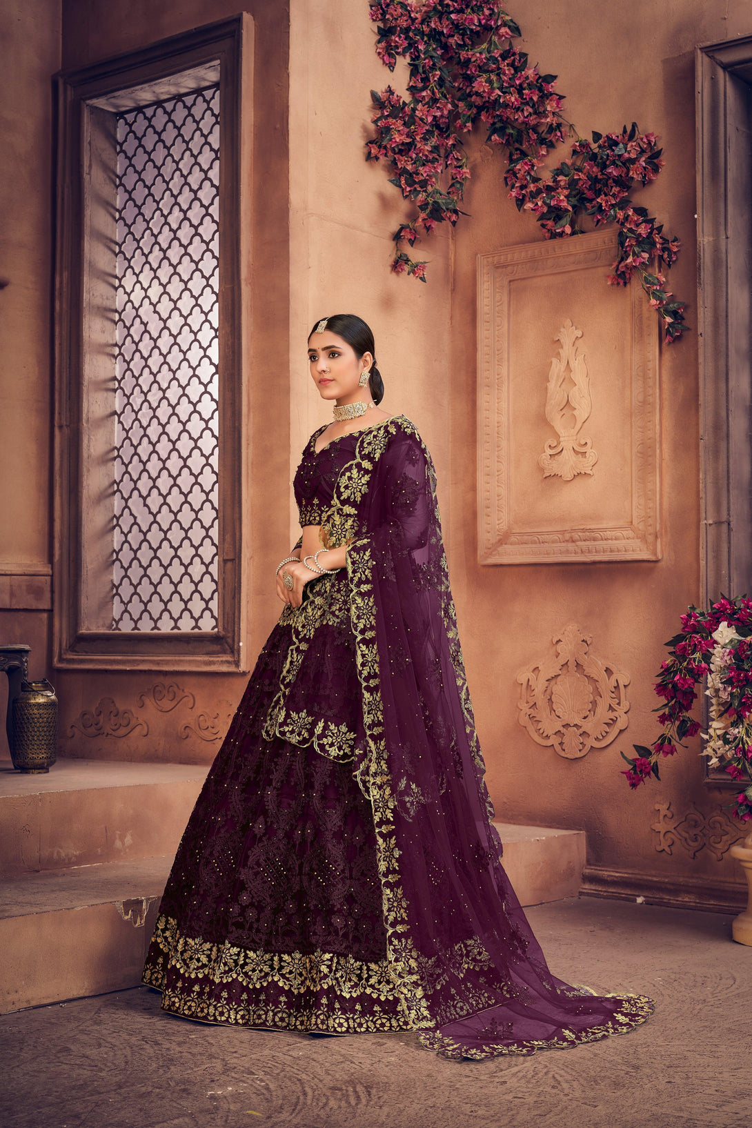 Semi-Stitched Dark Purple Heavy Net Lehenga Choli - Indiakreations