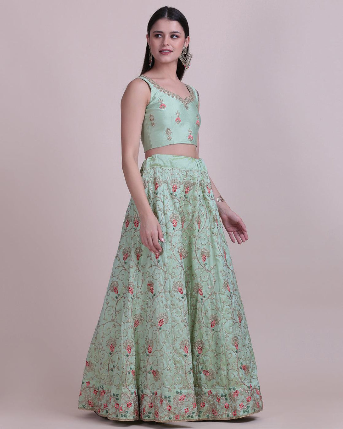 Light Green Taffeta Silk Lehenga Choli with Floral Embroidery - Indiakreations