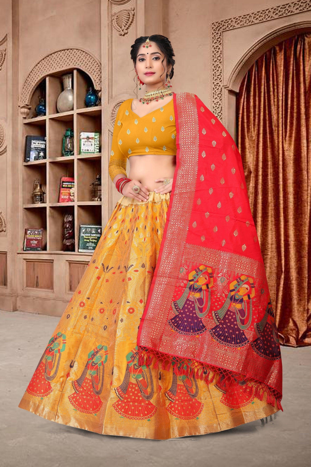 Yellow Jacquard Silk Lehenga Choli with Emboidery - Indiakreations