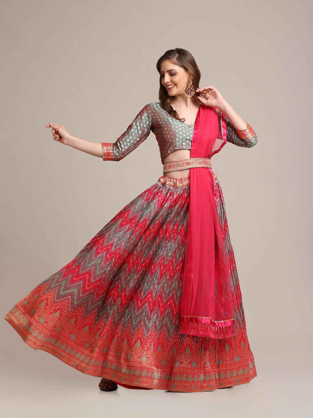 Orange Multi Colour Gold Woven Pleated Lehenga Choli - Indiakreations