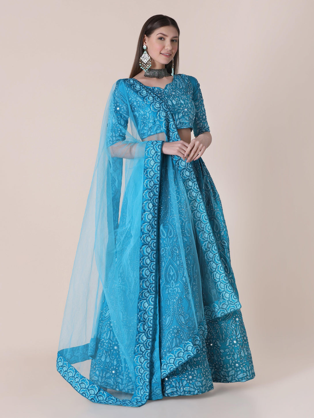 Sea Green Taffeta Silk Lehenga Choli with Floral Embroidery - Indiakreations