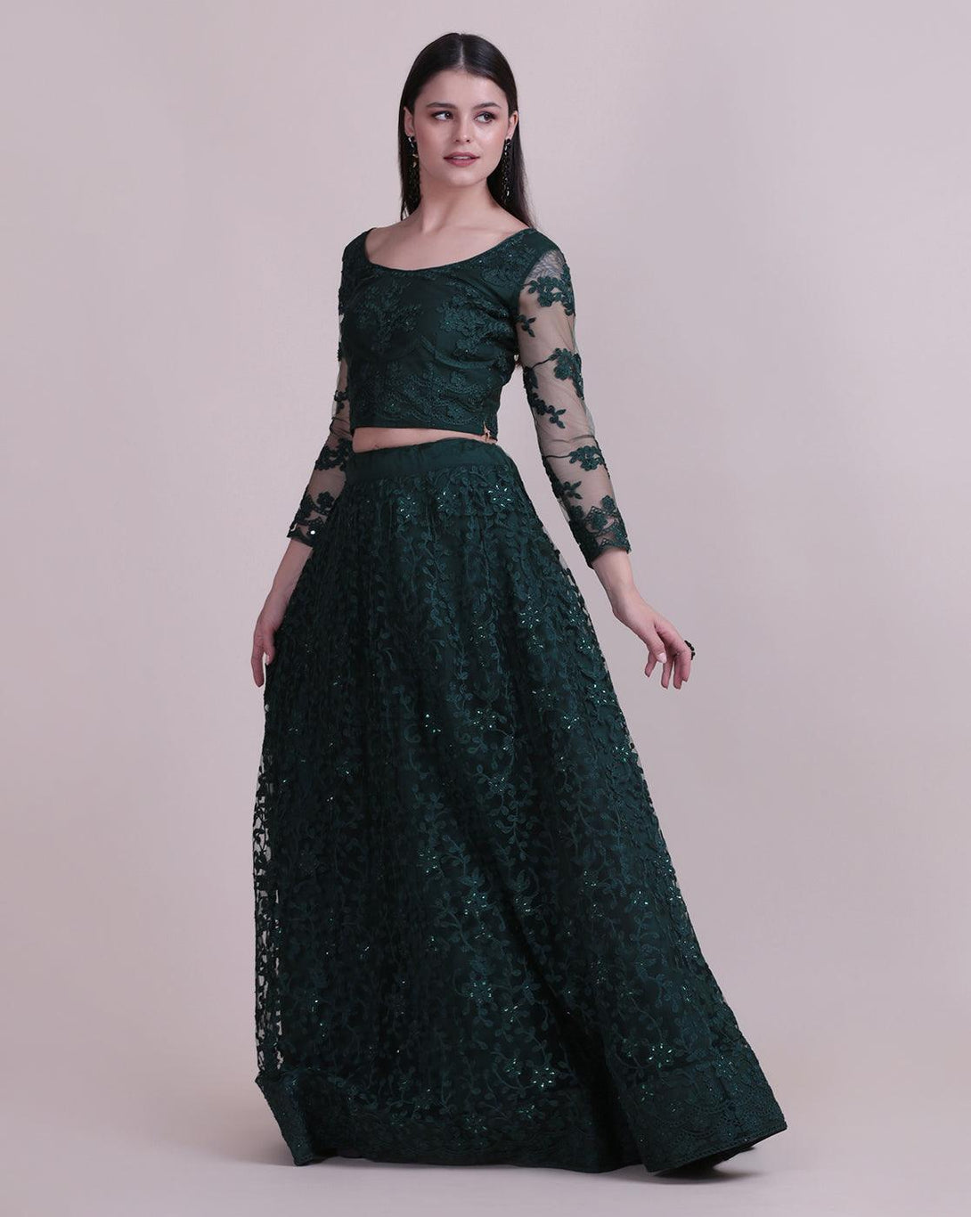 Dark Green Net Lehenga Choli with Floral Embroidery - Indiakreations