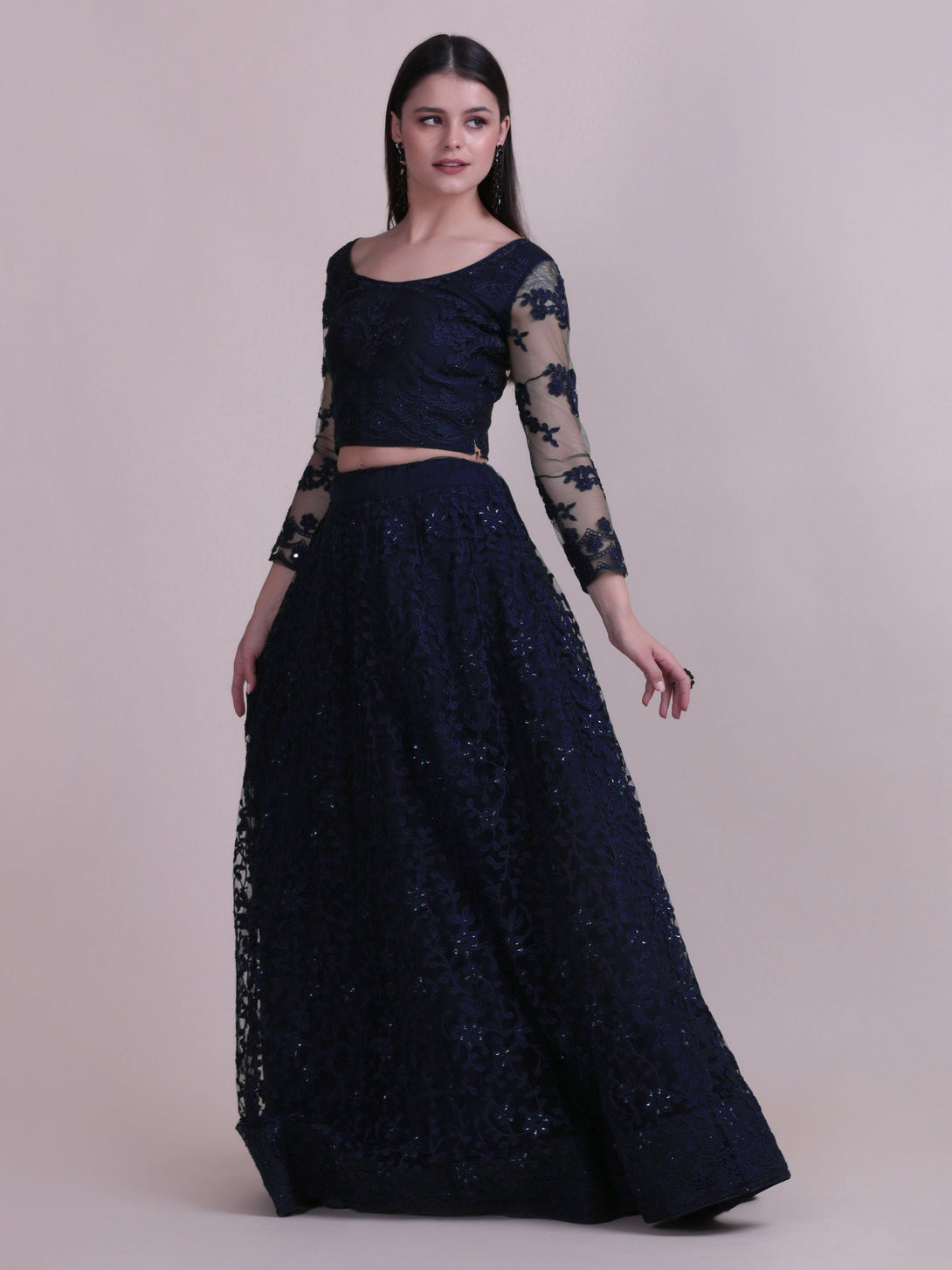 Dark Blue Net Lehenga Choli with Floral Embroidery - Indiakreations