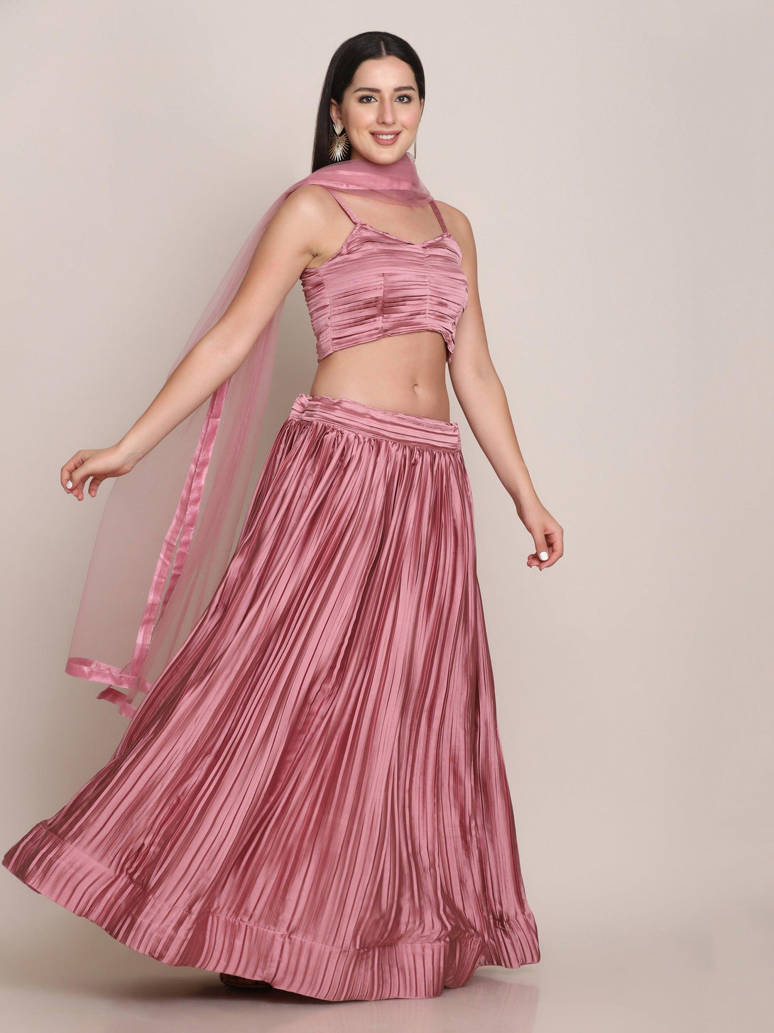 Light Pink Pleated Solid Lehenga Choli - Indiakreations