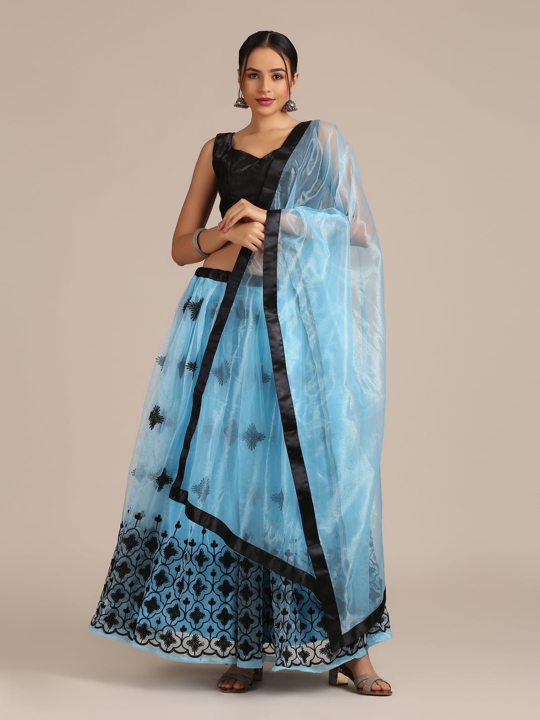 Light Blue Heavy Net Lehenga Choli Semi-Stitched - Indiakreations