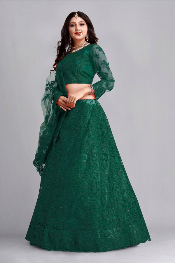 Green Net Lehenga Choli with Floral Embroidery - Indiakreations