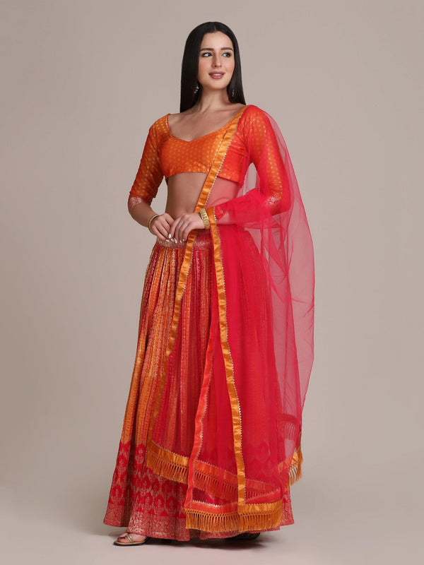 Pink and Orange Silk Blend Pleated Lehenga Choli with Zari Work - Indiakreations