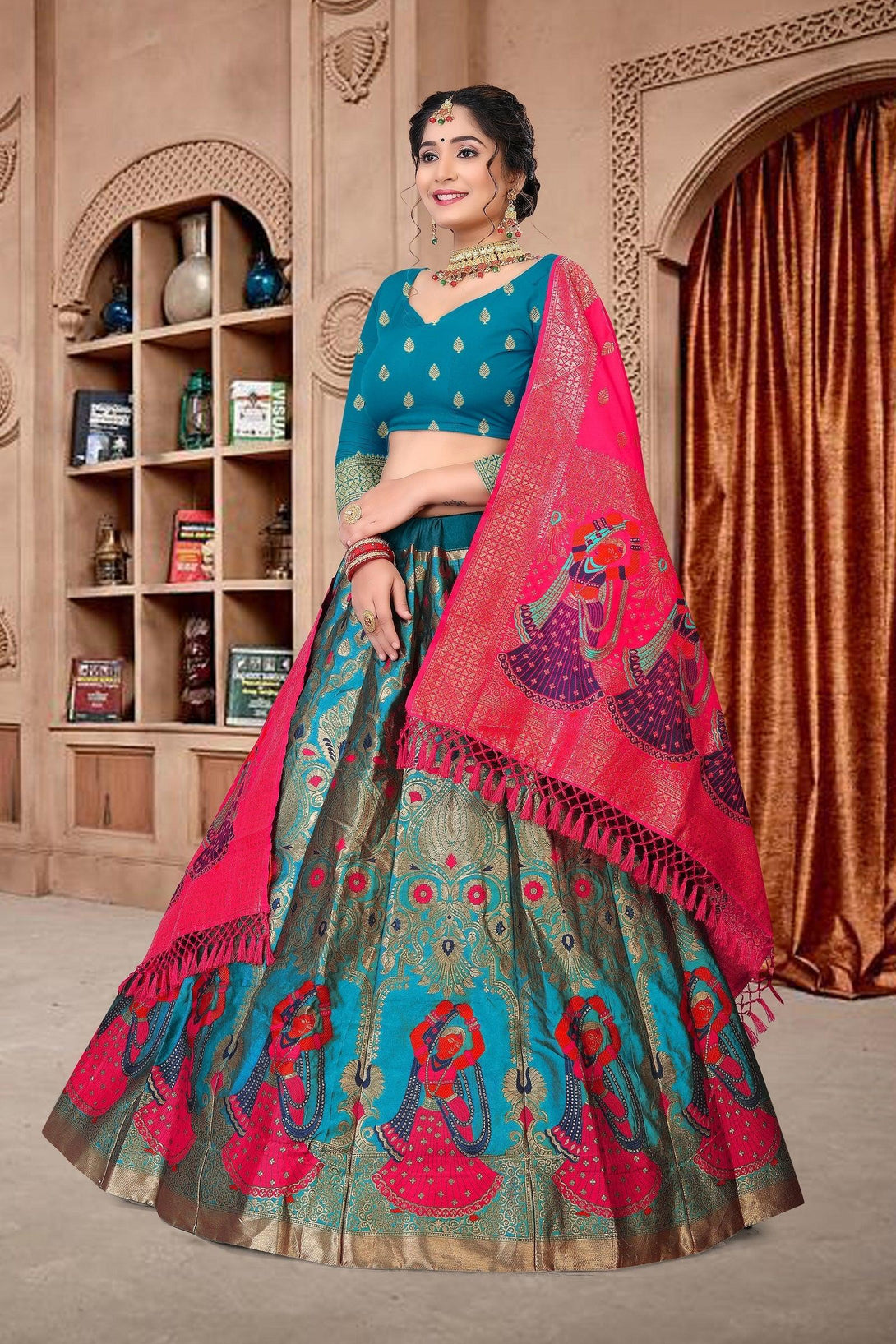 Sky Blue Jacquard Silk Lehenga Choli with Emboidery - Indiakreations