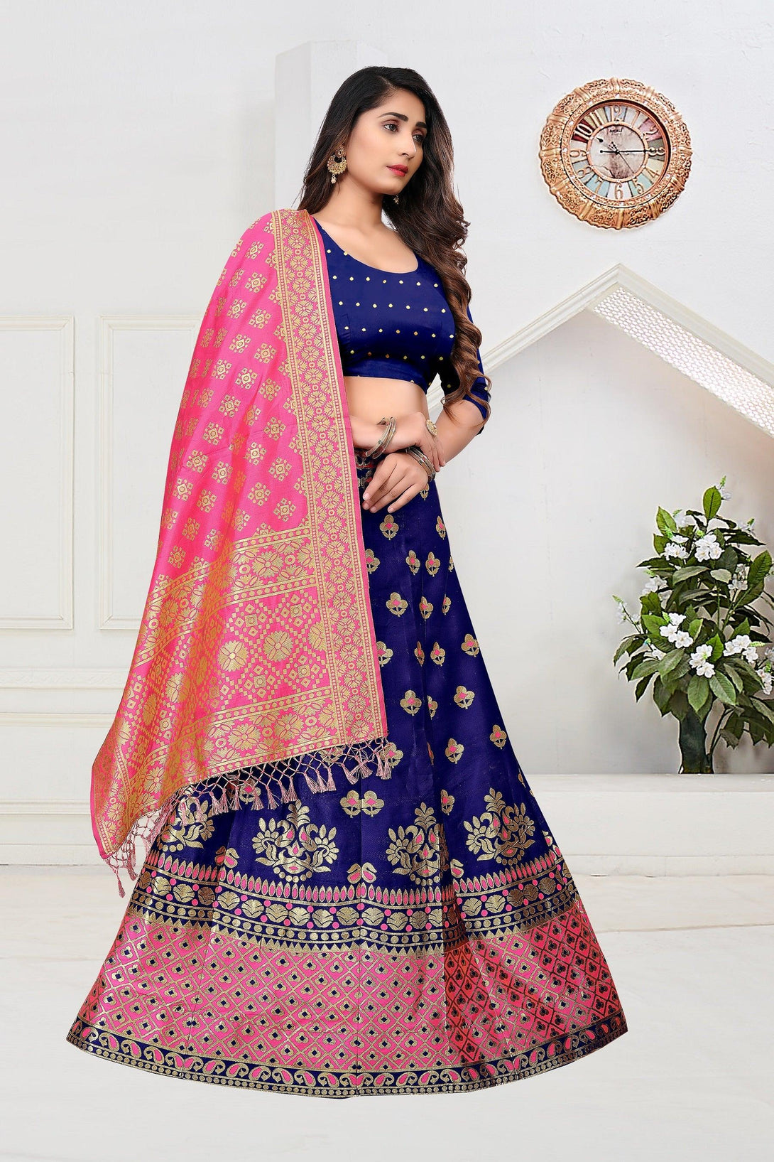 Multi Coloured Jacquard Silk Lehenga Choli with Gold Weaving - Indiakreations