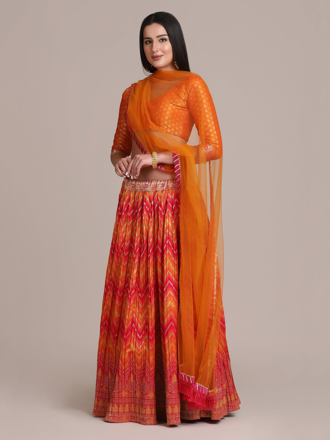 Orange Silk Blend Pleated Lehenga Choli with Zari Work - Indiakreations