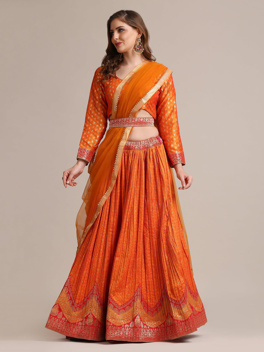 Orange Gold Woven Pleated Lehenga Choli in Ethnic Pattern - Indiakreations