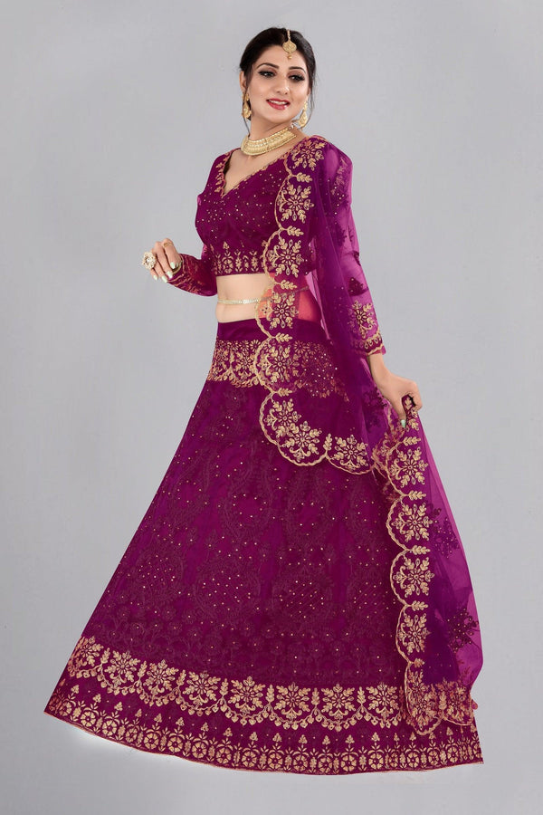 Purple and Gold Embroidered Net Lehenga Choli Semi-Stitched - Indiakreations