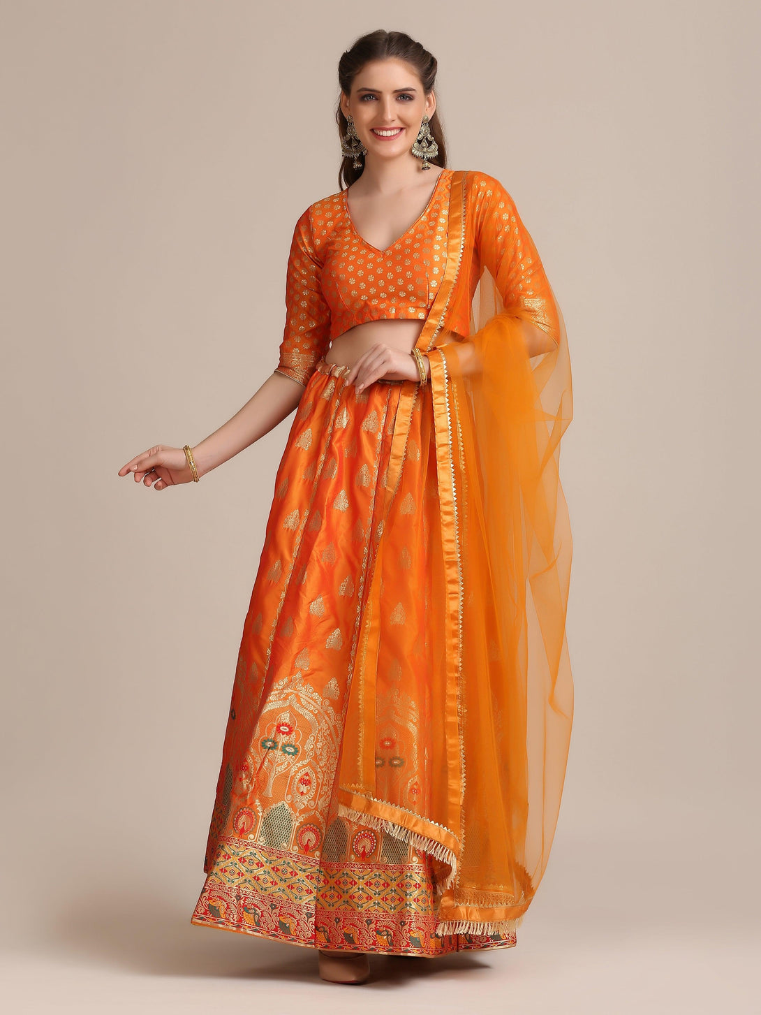 Mustard Jacquard Silk Lehenga Choli with Green and Gold Woven Work - Indiakreations