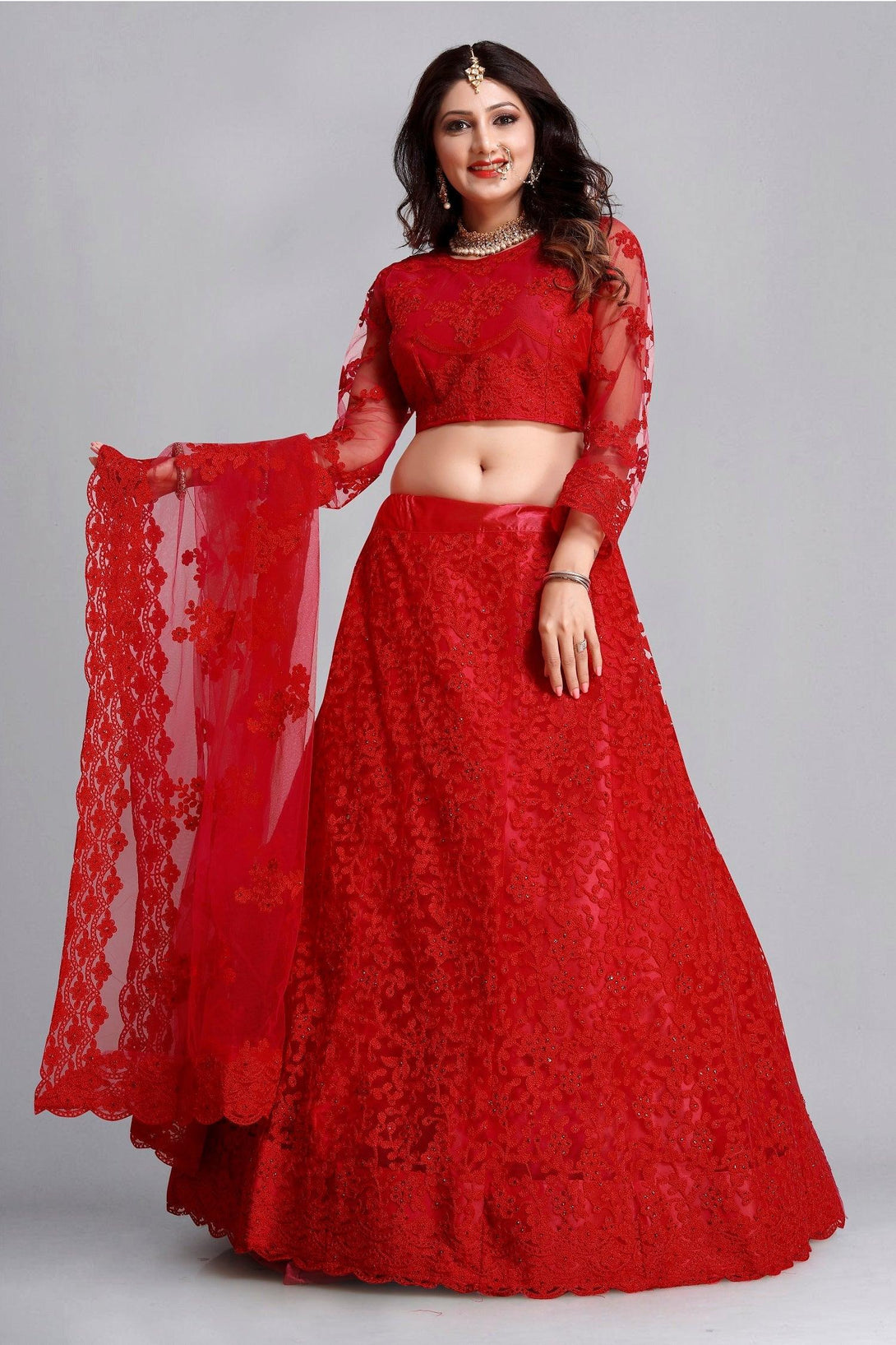 Red Net Lehenga Choli with Detailed Floral Embroidery - Indiakreations