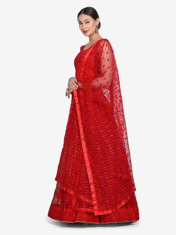 Heavy Net Lehenga Choli with Ethinc Embroidery in Red - Indiakreations