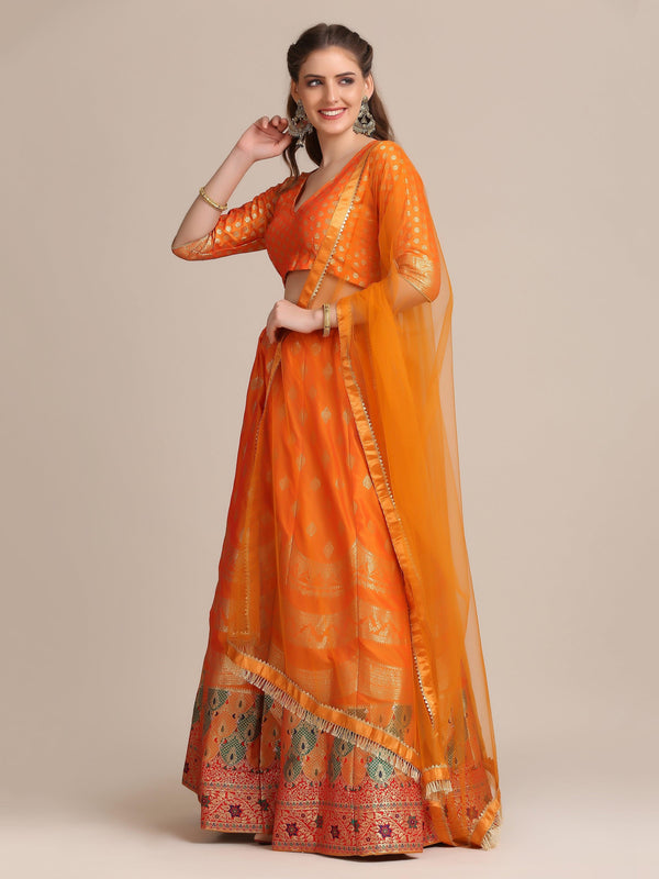 Mustard Gold Ethnic Woven Jacquard Silk Lehenga Choli - Indiakreations