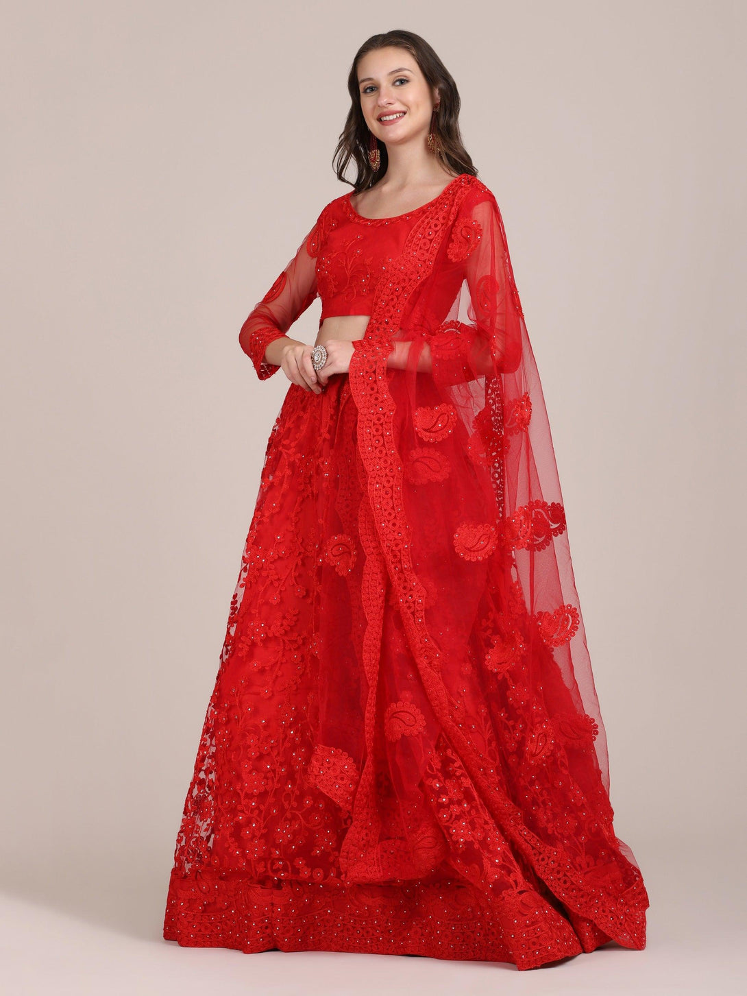 Red Net Lehenga Choli with Floral Embroidery - Indiakreations