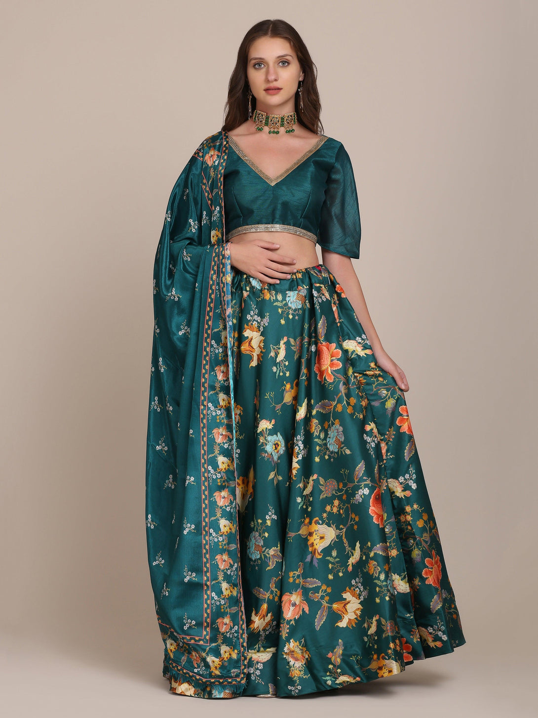 Sea Green Floral Print Banglory Silk Lehenga Choli - Indiakreations