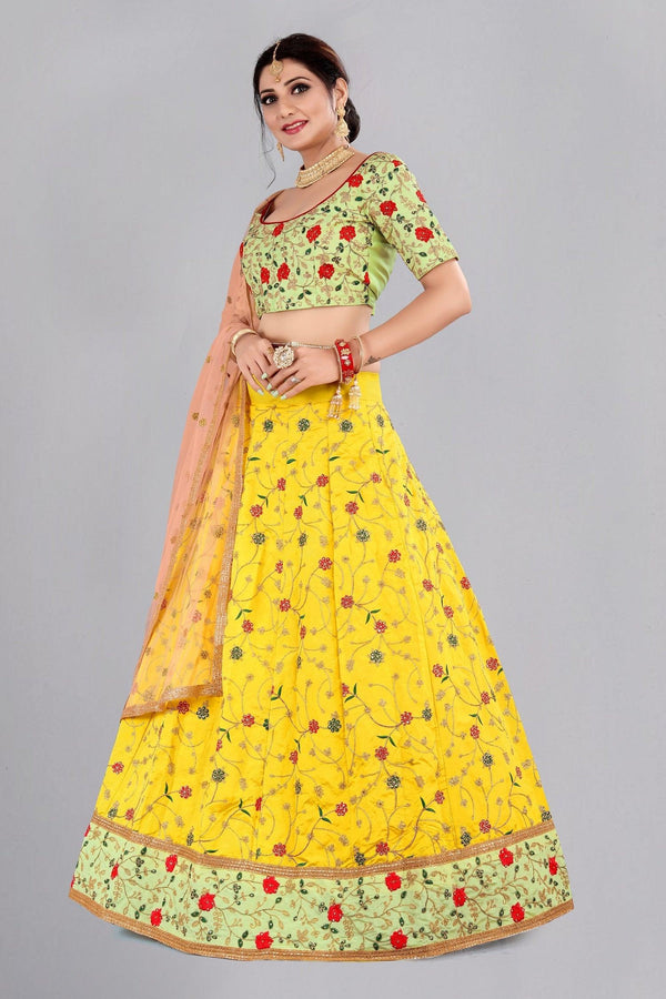 Yellow Multicolour Taffeta Silk Lehenga Choli with Floral Embroidery - Indiakreations