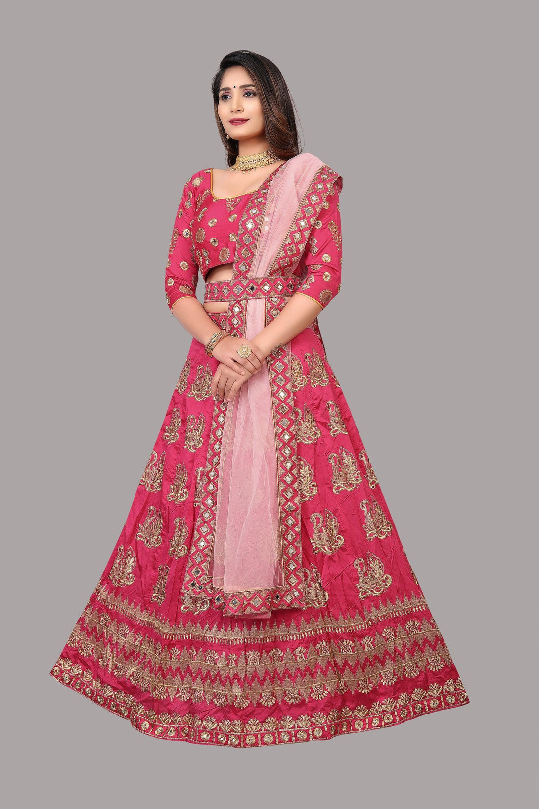 Semi-Stitched Pink Taffeta Silk Lehenga Choli - Indiakreations