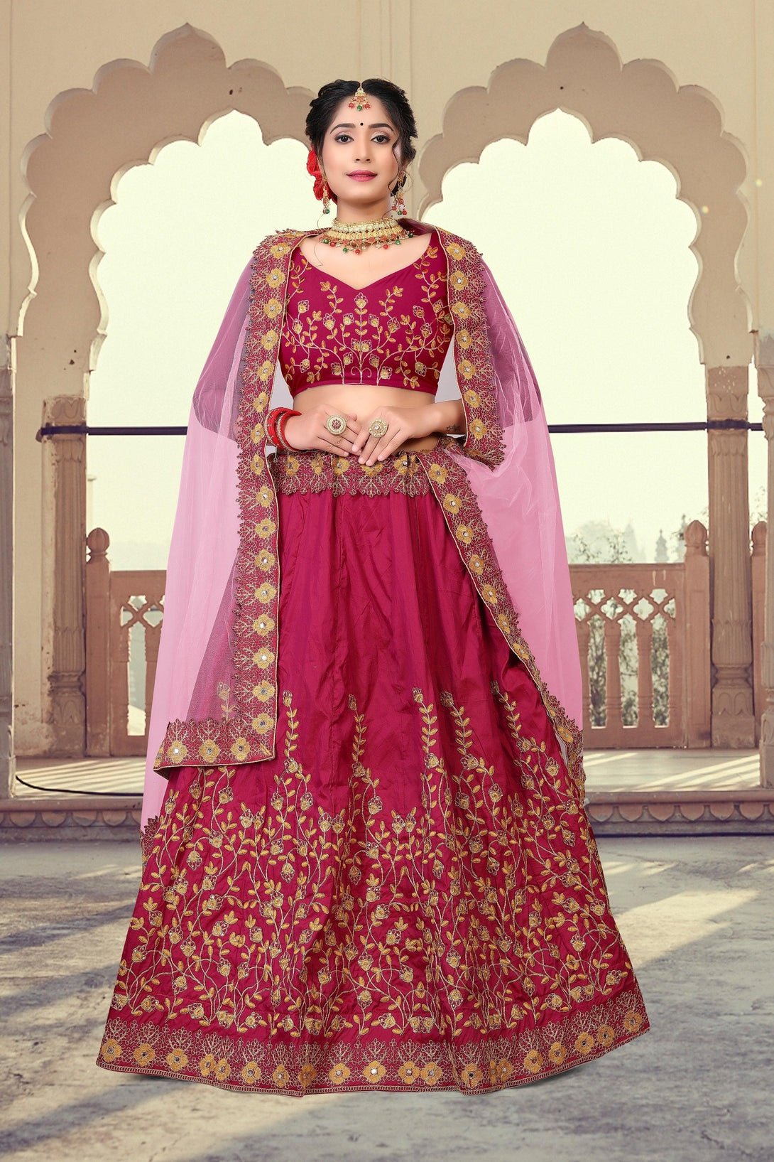 Pink Taffeta Silk Gold Embroidered Lehenga Choli - Indiakreations