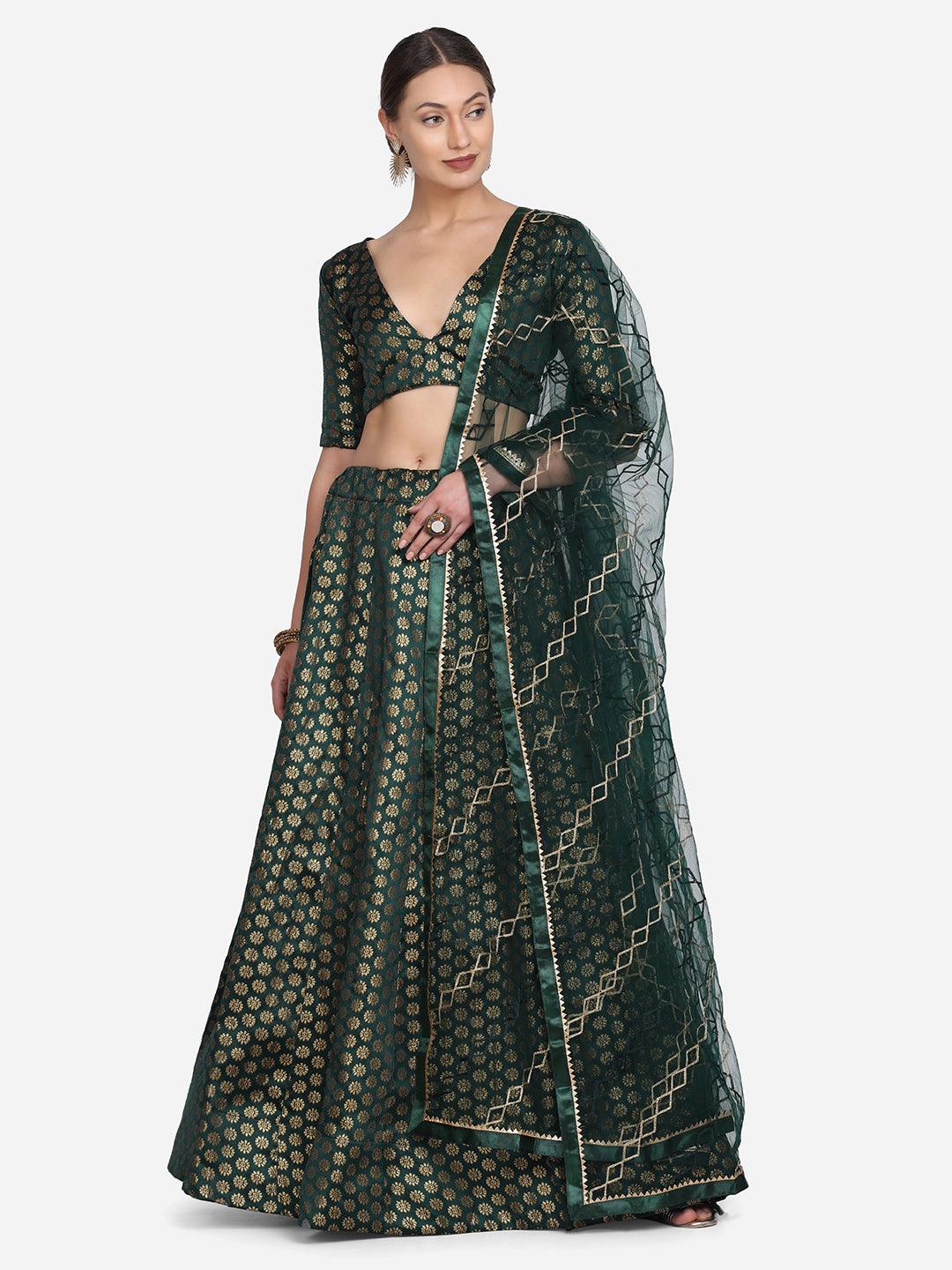 Green Jacquard Silk Lehenga Choli with Zari Work - Indiakreations