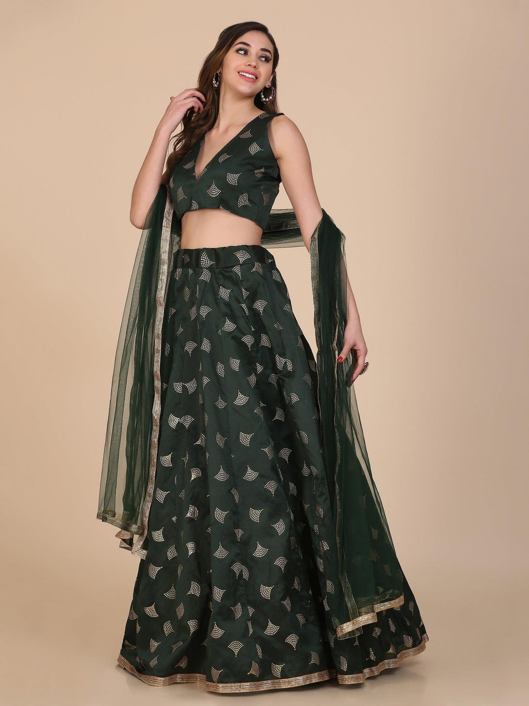 Green Taffeta Silk Lehenga Choli with Foil Work - Indiakreations