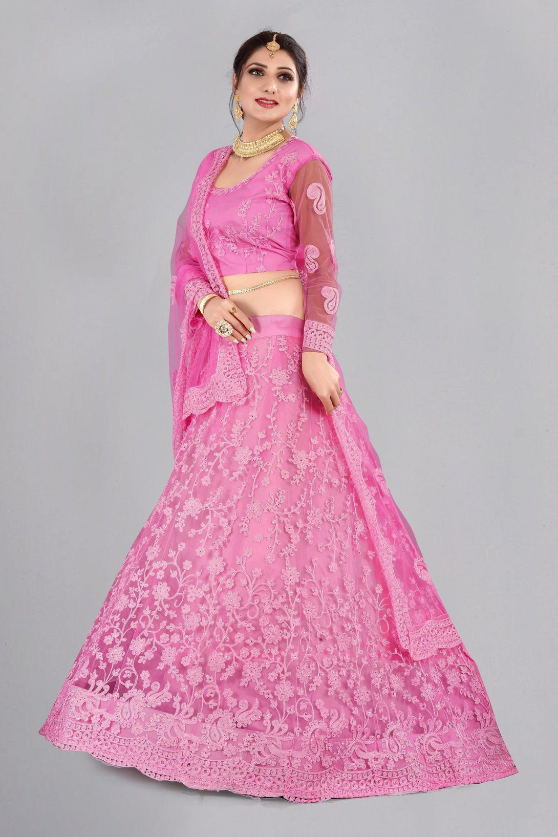 Baby Pink Net Lehenga Choli with Floral Embroidery - Indiakreations