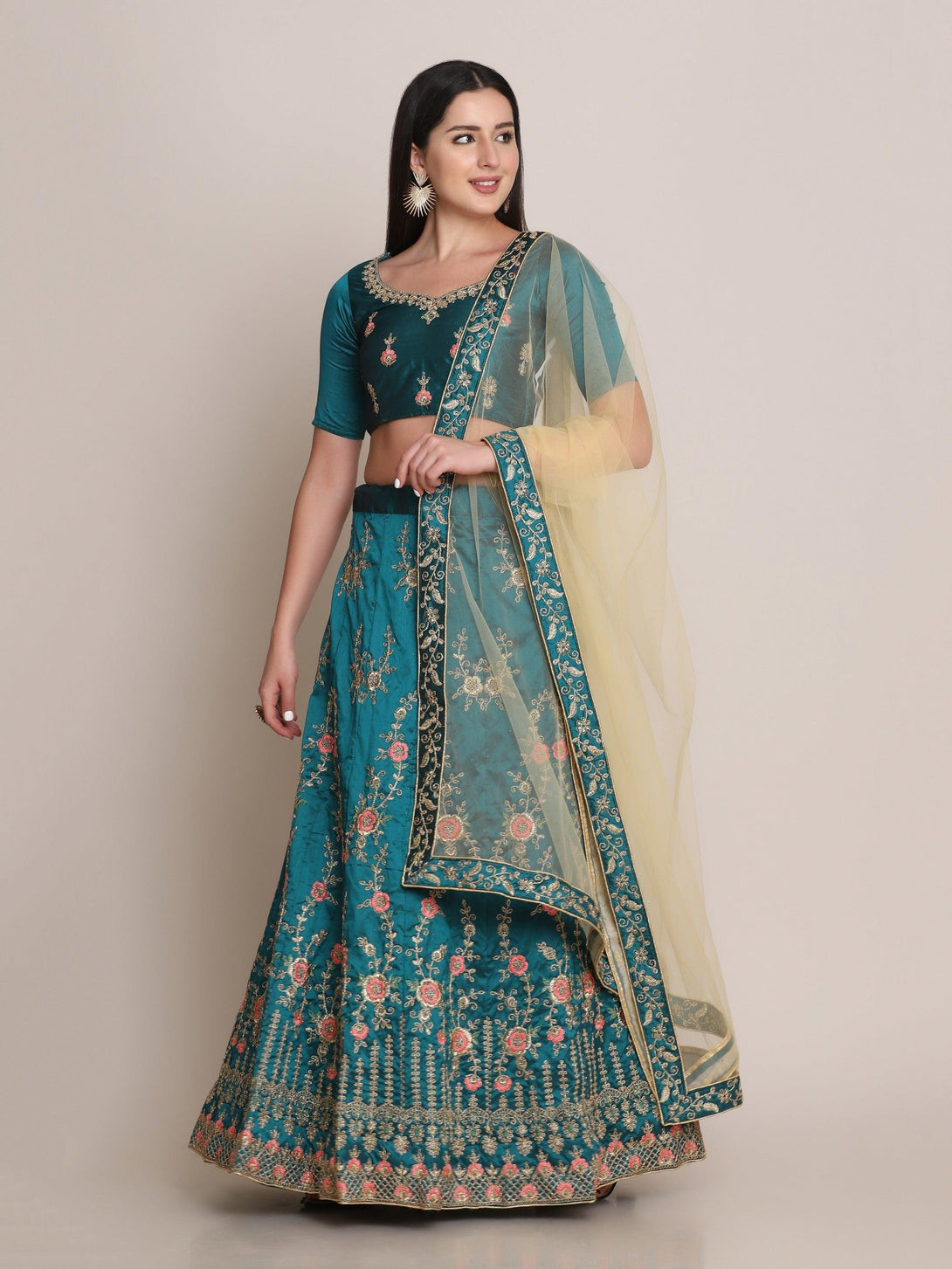 Sea Green Taffeta Silk Embroidered Lehenga Choli - Indiakreations