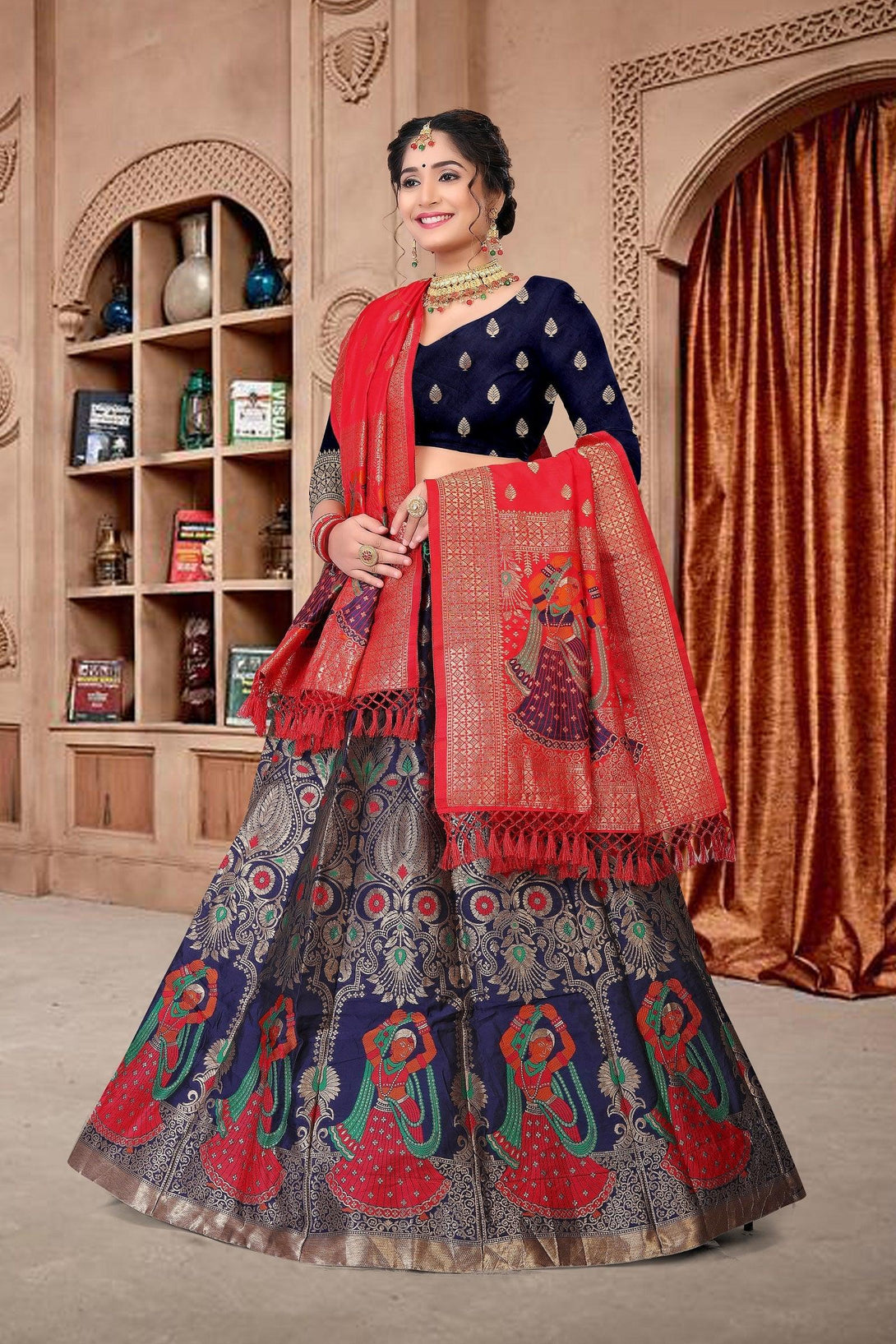 Blue Jacquard Silk Lehenga Choli with Emboidery - Indiakreations