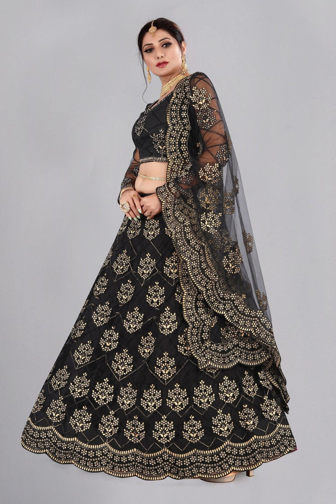 Black Net Lehenga Choli with Floral Embroidery - Indiakreations