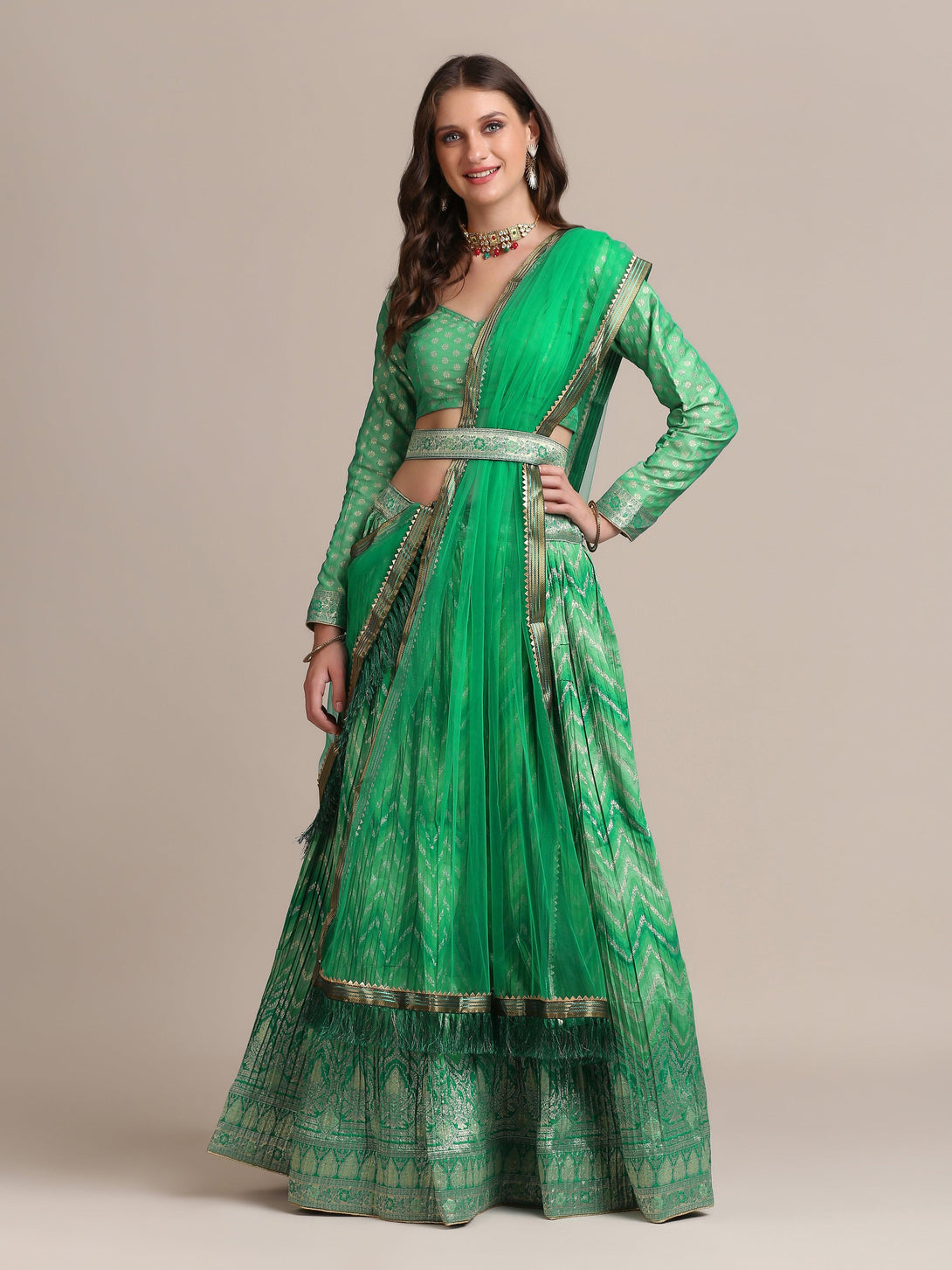 Green Gold Woven and Pleated Lehenga Choli - Indiakreations