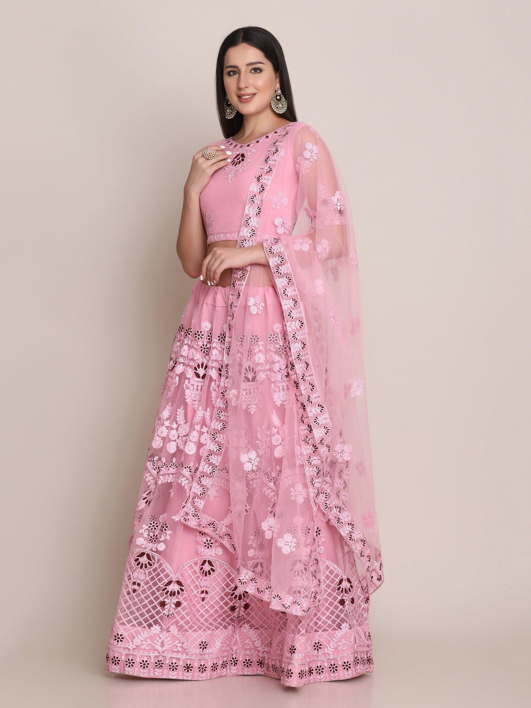 Light Pink Net Lehenga Choli with Floral Embroidery - Indiakreations