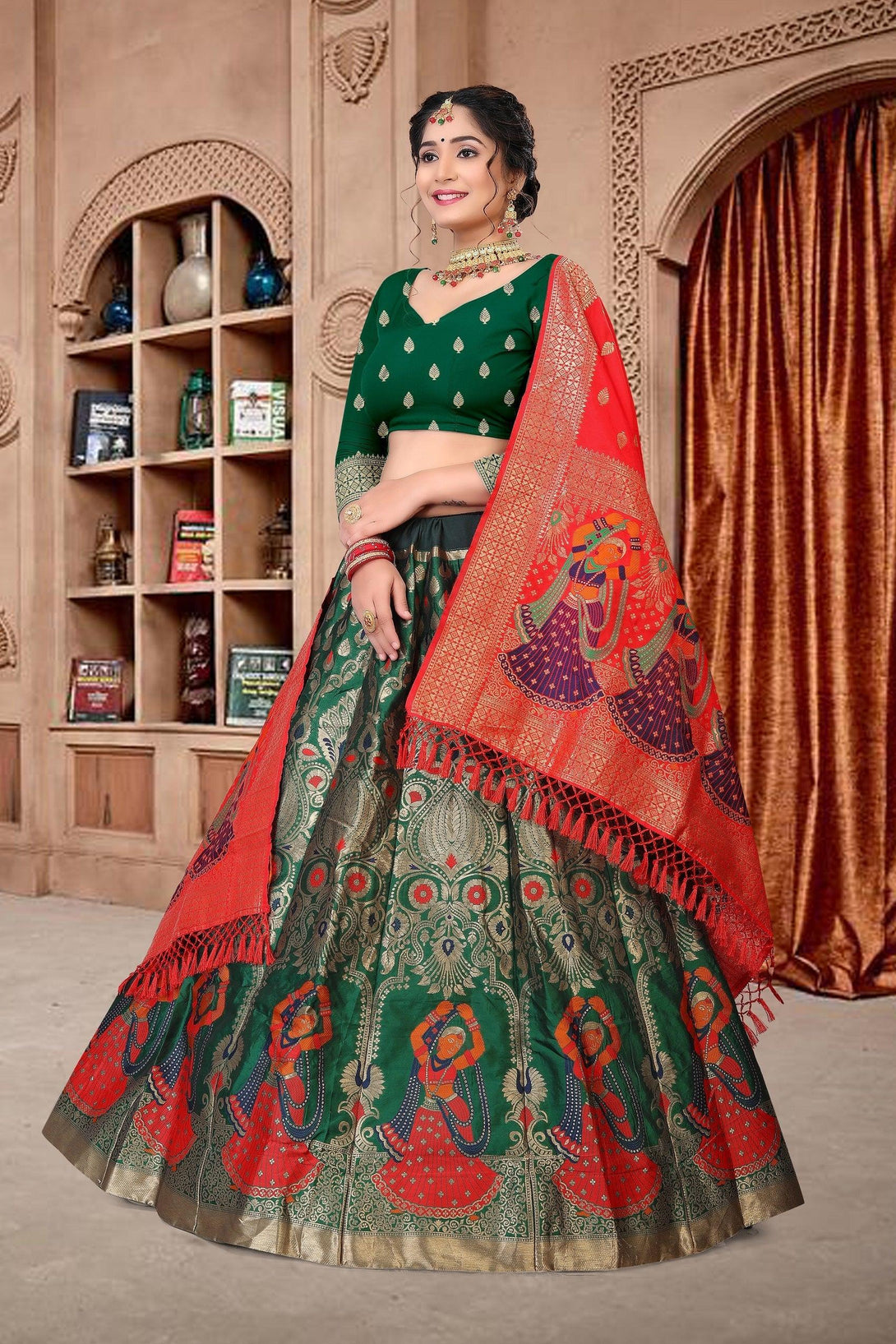 Green Jacquard Silk Lehenga Choli with Emboidery - Indiakreations