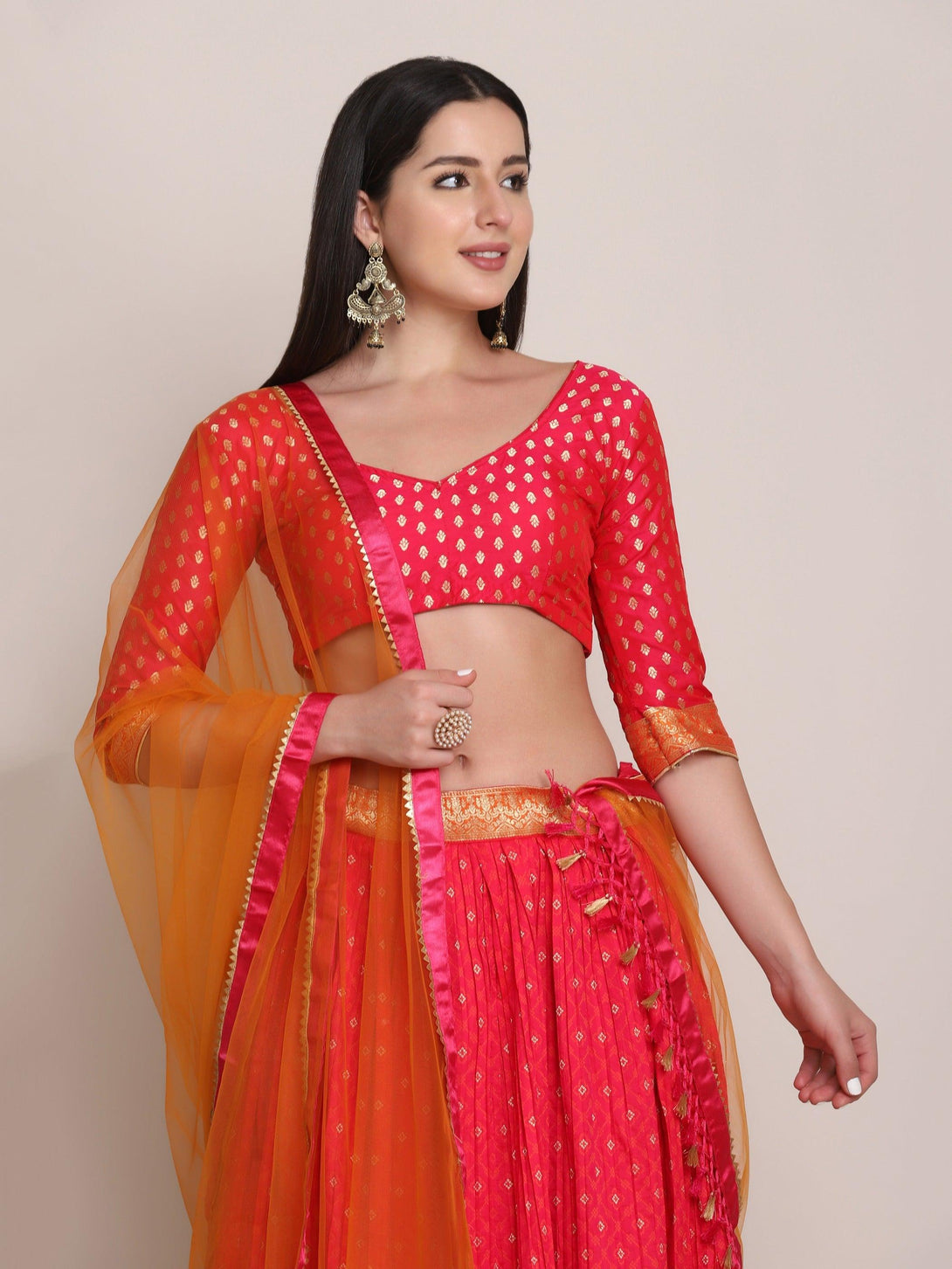 Pink Silk Blend Lehenga Choli with Gold Zari Work - Indiakreations