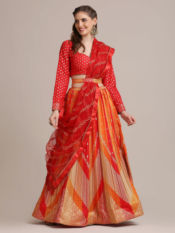 Orange Gold Woven Pleated Lehenga Choli in Geometric Pattern - Indiakreations