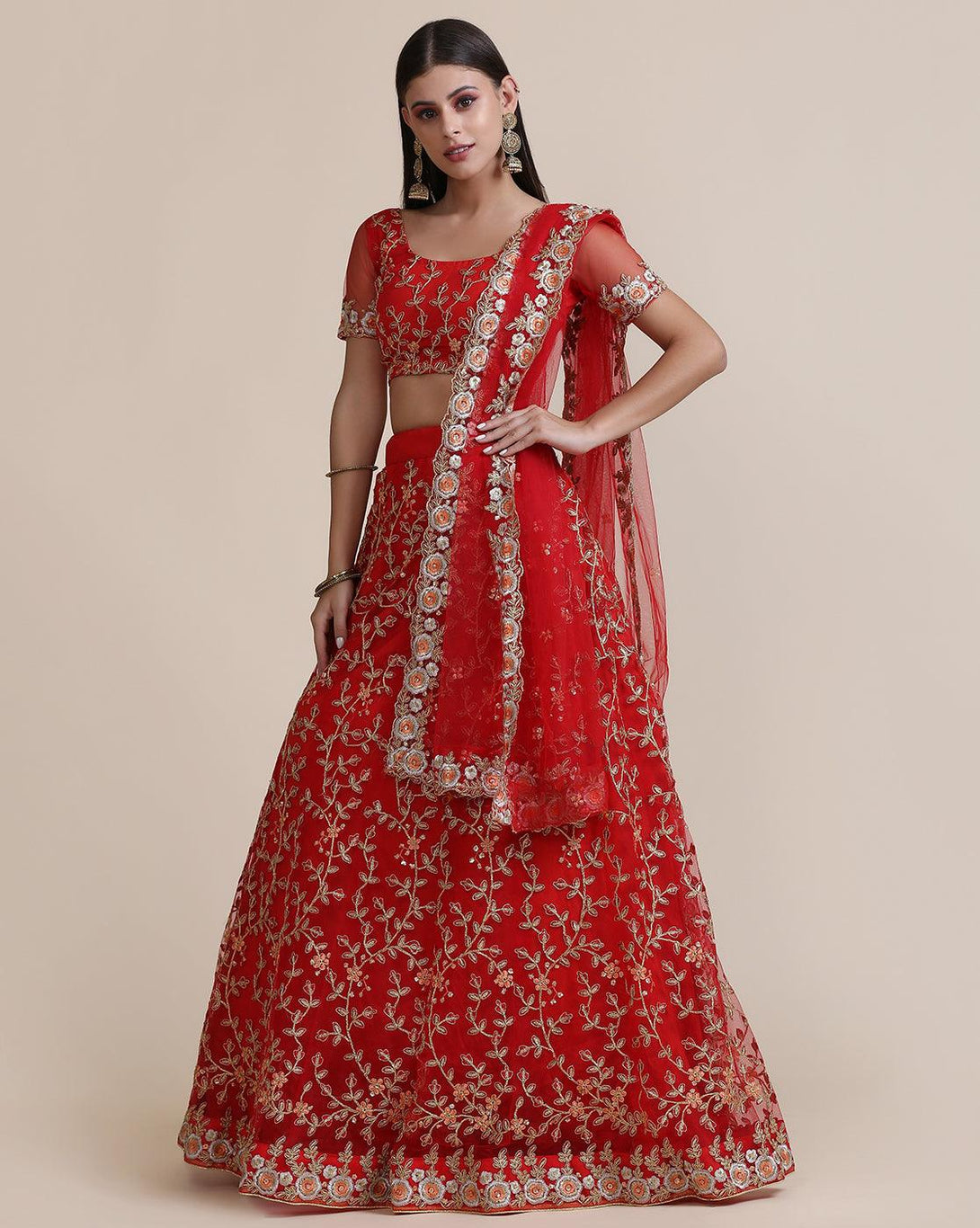 Red Net Lehenga Choli with Heavy Gold Embroidery - Indiakreations