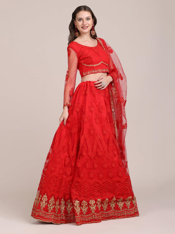 Red Semi-Stitched Net Lehenga Choli with Golden Embroidery - Indiakreations