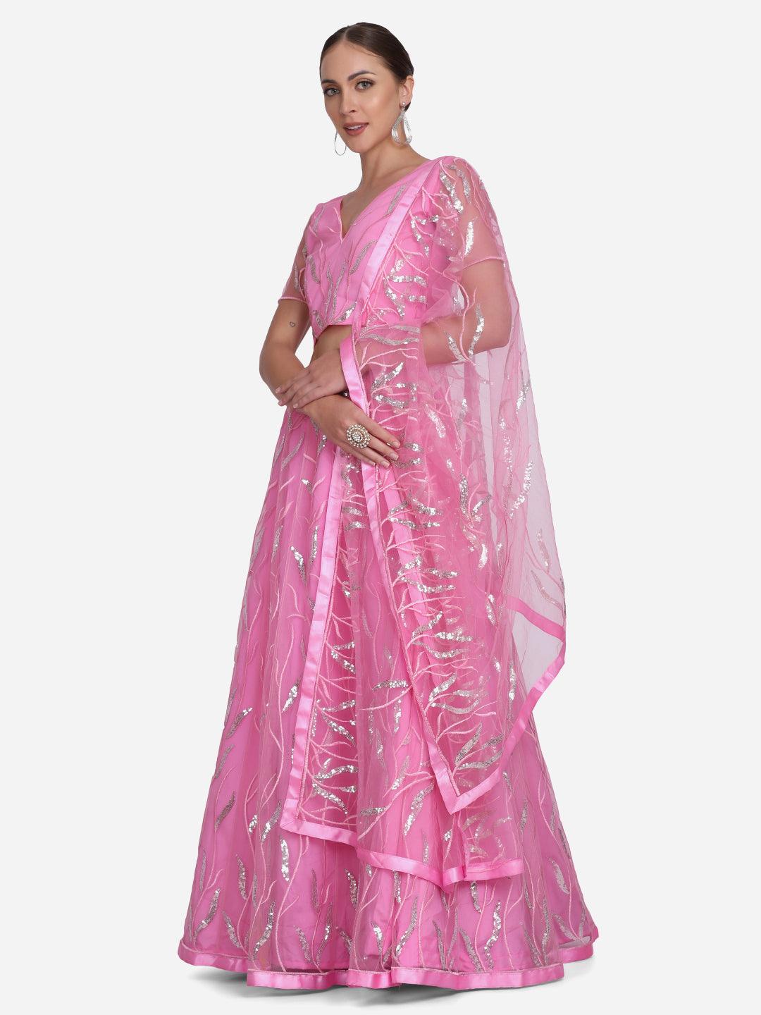 Light Pink Heavy Net Lehenga Choli Semi-Stitched - Indiakreations