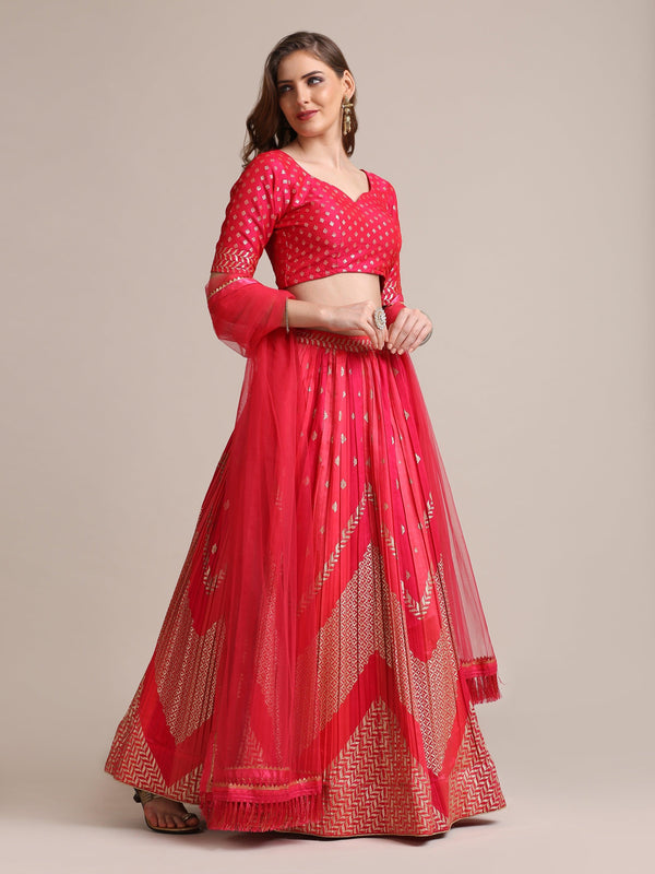 Pink Gold Woven Pleated lehenga Choli in Geometric Pattern - Indiakreations