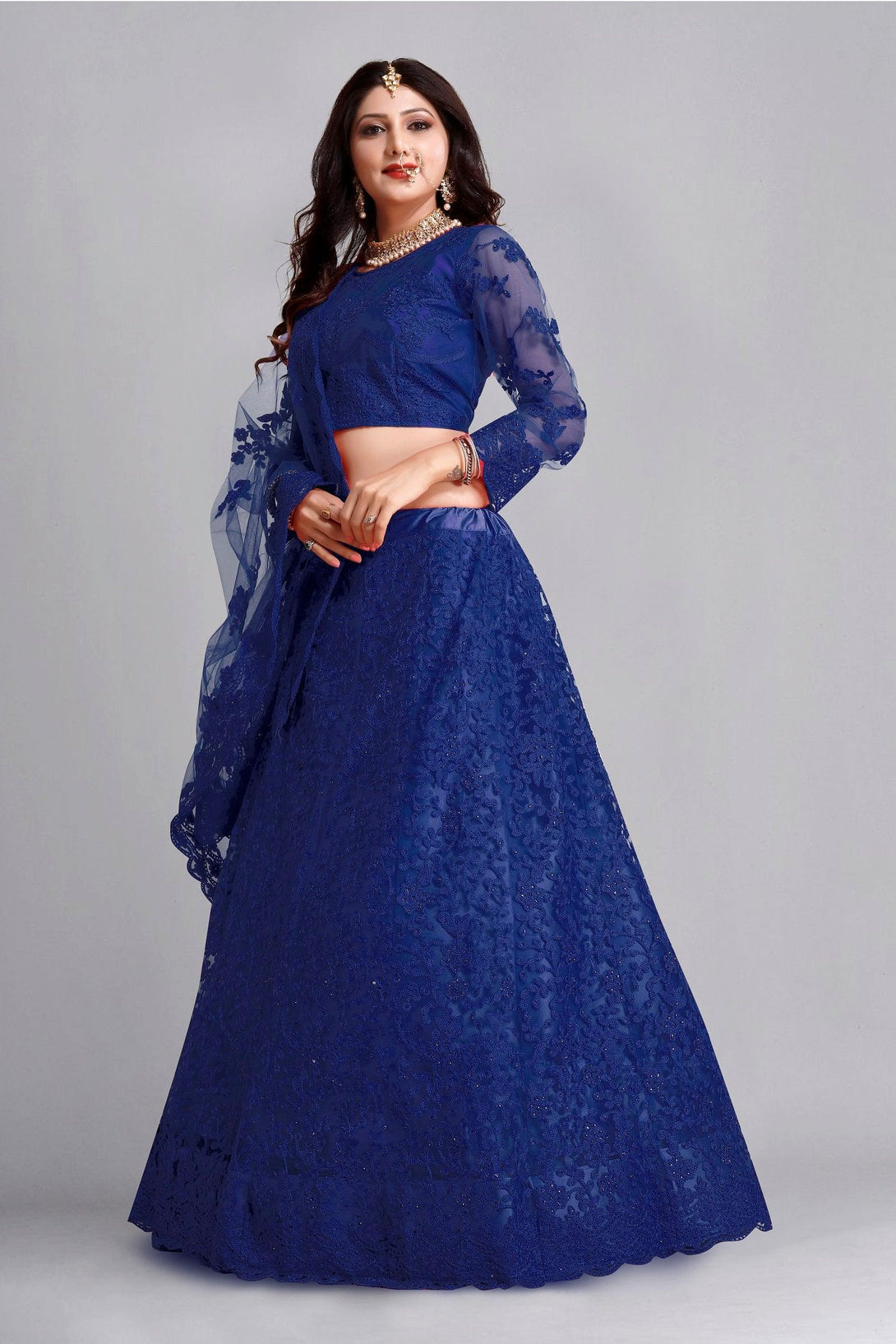 Blue Net Lehenga Choli with Floral Embroidery - Indiakreations