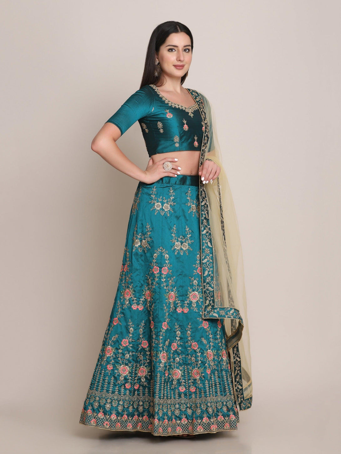 Sea Green Taffeta Silk Embroidered Lehenga Choli - Indiakreations