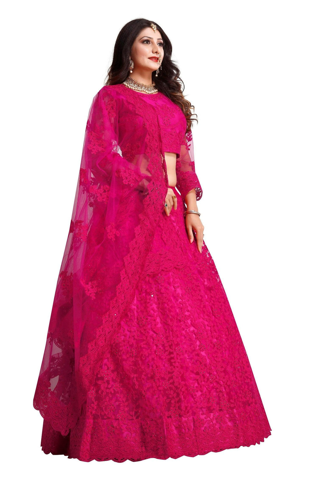 Dark Pink Net Lehenga Choli with Floral Embroidery - Indiakreations
